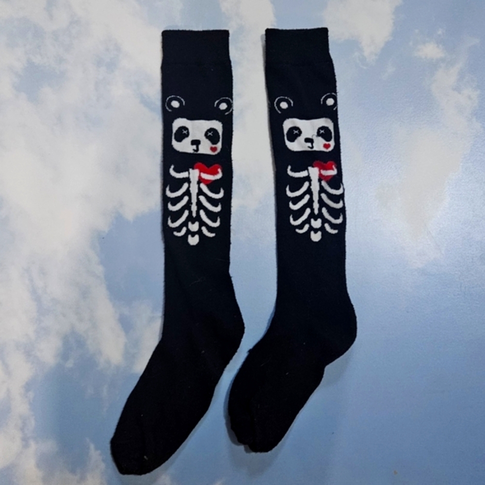 Goth Knee High Panda Socks Panda Heart Skeleton Knee Highs Japanese Socks Gift